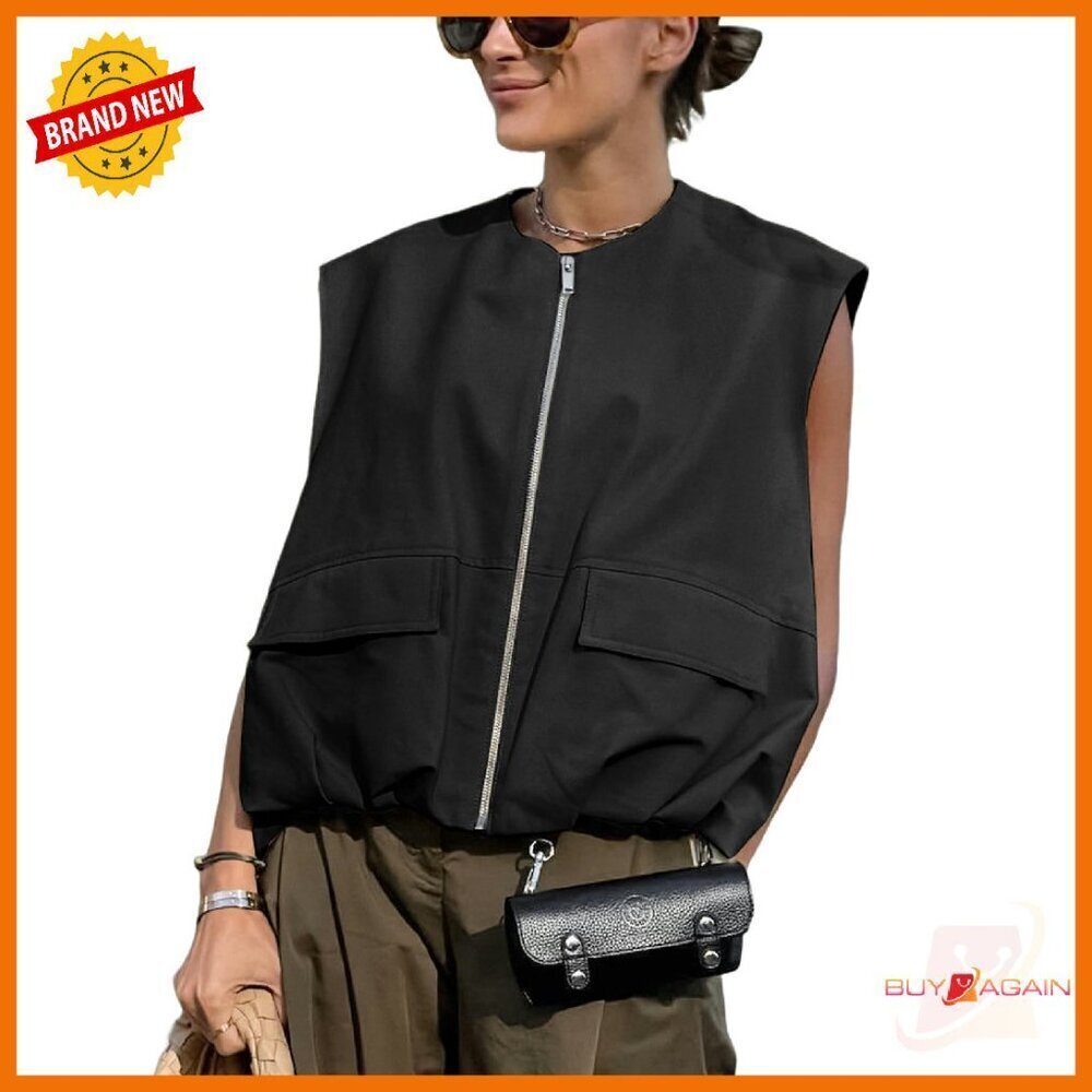 Oversized Zip-Up Cargo Vest with Ruched Hem & Pockets